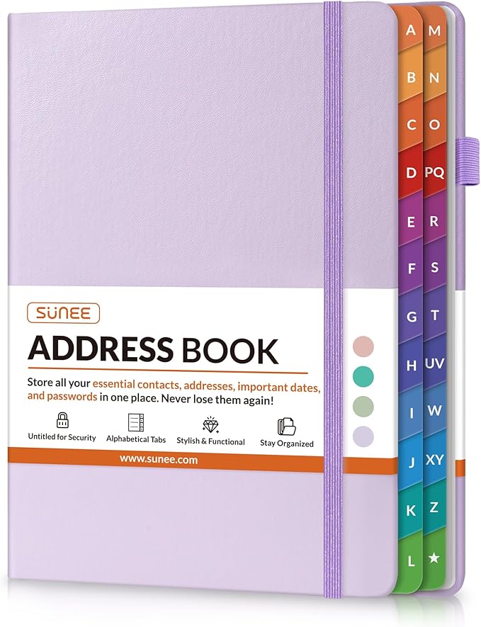 SUNEE Address Book with Colorful Alphabetical Tabs, Address Notebook Organizer for Record Contacts, 5.3'' x 7.7''- Purple