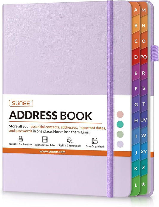 SUNEE Address Book with Colorful Alphabetical Tabs, Address Notebook Organizer for Record Contacts, 5.3'' x 7.7''- Purple