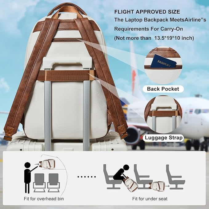 43L Backpack for Women Men - Vegan Leather Backpack Purse Travel Carry-on Bag College Bookbag Work fits 17" Laptop, Beige