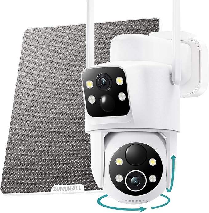 ZUMIMALL Security Cameras Wireless Outdoor with Dual Lens, 360° PTZ Solar Camera for Home Security, Clear Color Night Vision/AI Detection/2-Way Talk/2.4GHz WiFi/Siren & Light Alarm/IP66/Cloud/Alexa