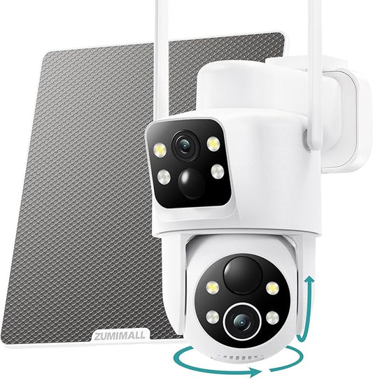 ZUMIMALL Security Cameras Wireless Outdoor with Dual Lens, 360° PTZ Solar Camera for Home Security, Clear Color Night Vision/AI Detection/2-Way Talk/2.4GHz WiFi/Siren & Light Alarm/IP66/Cloud/Alexa