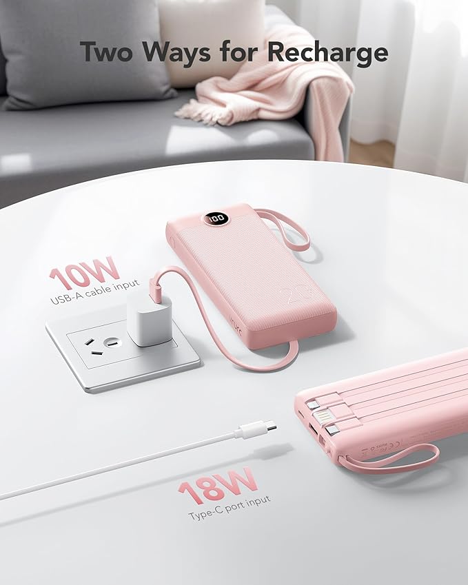 VRURC Portable Charger, 20000mAh Power Bank Fast Charging, Built-in Micro & USB C Three Cables, 4 Output 2 Input LED Display Charging Bank for iPhone, Samsung, Android etc-Pink (1 Pack)