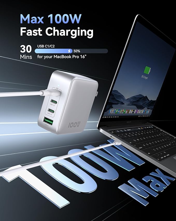 GaN USB C Charger 100W, 4 Port PD3.1 Laptop Charger Block Foldable Compact PPS Fast Power Adapter for MacBook Pro/Air, iPad Pro, iPhone 17/16 Series, Galaxy S25/S24, Pixel 10/9, Steam Deck, and More