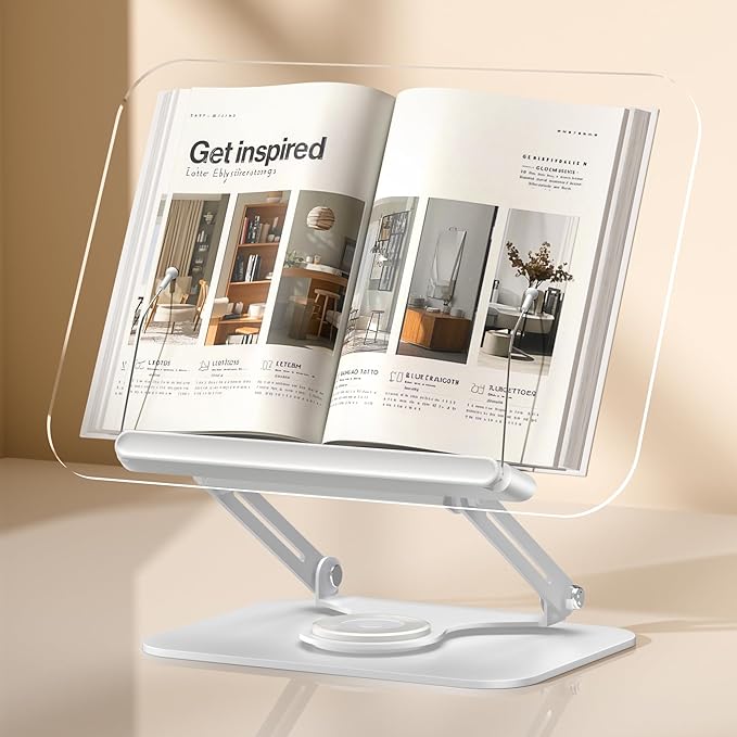 ASIEIT Book Stand for Reading, Acrylic Adjustable Book Holder with 360° Rotating Bases & Elastic Page Clips, Foldable Desktop Riser, Multifunctional Display Stand for Bible, Laptop, Recipe, Textbook