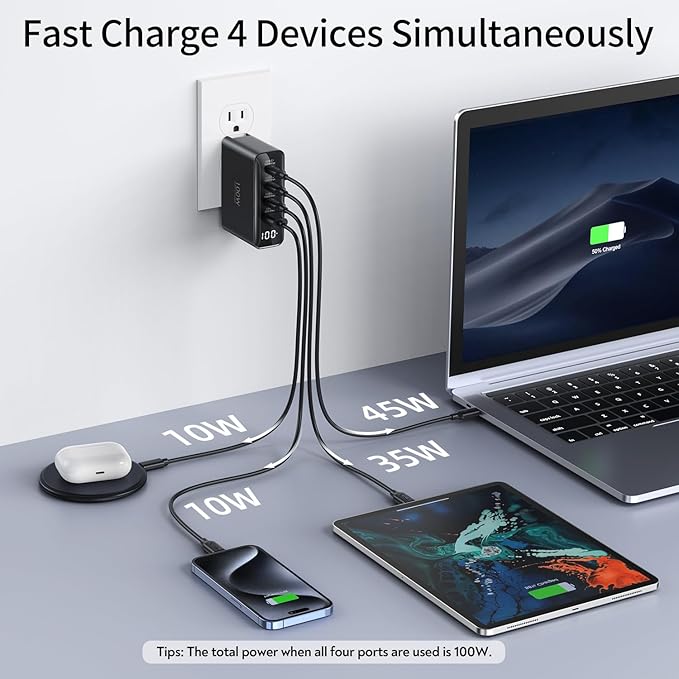 100W USB C Travel Charger, 4-Ports Foldable Travel Adapter Plug Converter with UK/EU/AU Plugs, Fast Charging for MacBook Pro/Air, iPad Pro, iPhone 15/14 Pro Max, for 45w Samsung Galaxy, Black