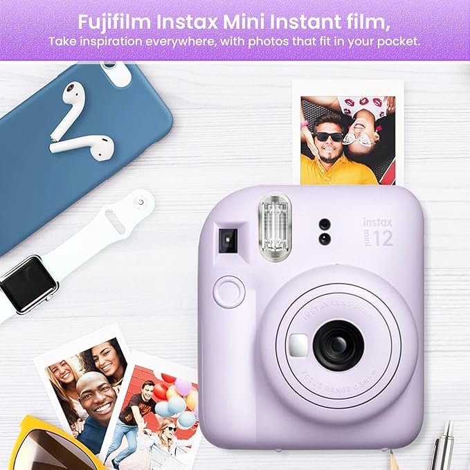 Fujifilm Instant Mini 12 Instant Camera + BluebirdSales Accessory Bundle & Custom Case + Fuji (20 Shots) Film + 5 Color Lens Filters + Mini Frames Designer Mini Photo Album (60 Pockets) (Lilac Purple)