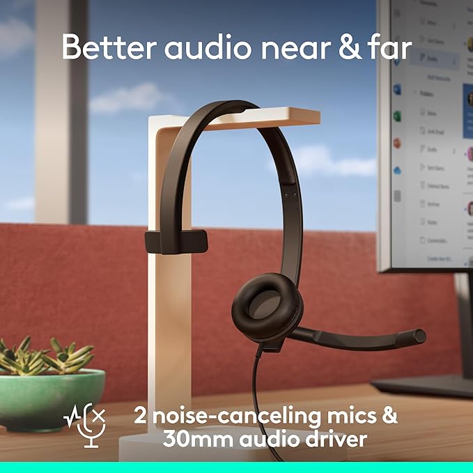 Logitech H570e USB Headset with Microphone for PC and Mac, USB-C Wired Headset with Mono Sound, Noise-Canceling Mics and Inline Controls, Certified for Microsoft Teams, Black