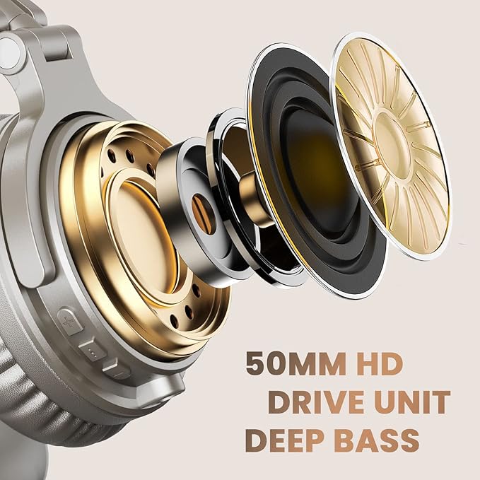 OneOdio Bluetooth Over Ear Headphones, 110 Hrs Wireless/Wired Stereo Sound Foldable Headsets with Deep Bass 50mm Neodymium Drivers for PC/Phone/Tablet - Studio Wireless Pro C, Champagne Gold