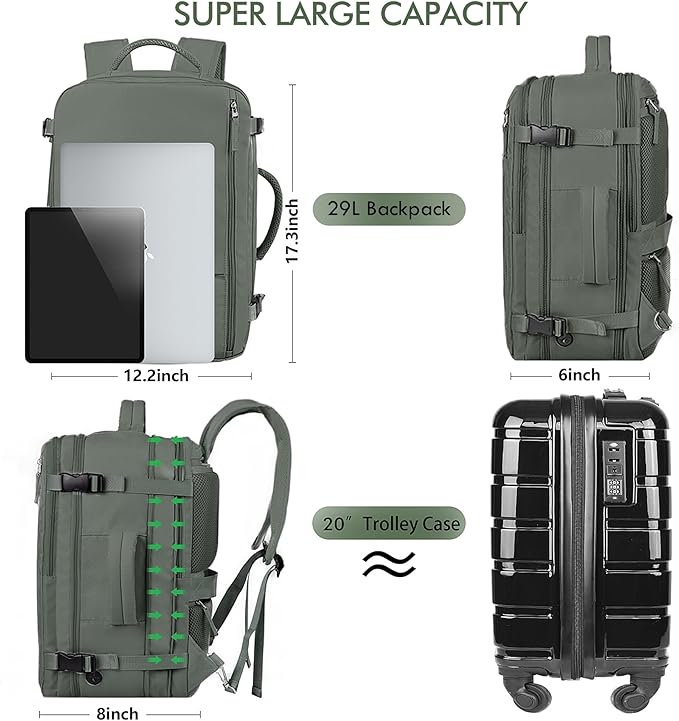 Beraliy Travel Backpack for Men Women, Airline Approved Personal Bag,17.3 Inch Laptop Backpack, Carry On Backpack for Hiking Overnight with USB Charging Hole, Olive-green