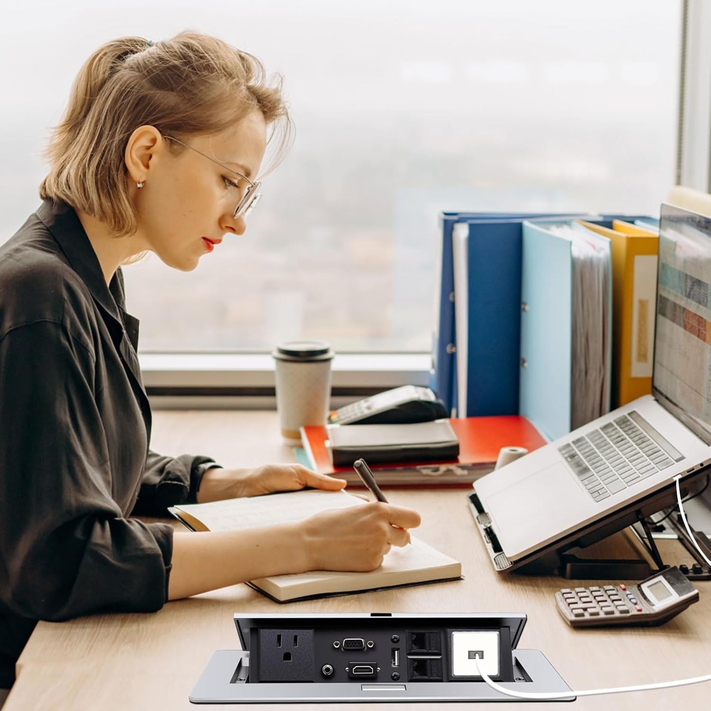 Pop Up Outlet; Pop up Power Strip; Embedded countertop Connection Outlet Box; 2 Outlets Max Power 1875W,HDMI USB VGA 3.5mm Audio Network Port Conference Table Multimedia Outlet Box -Silver