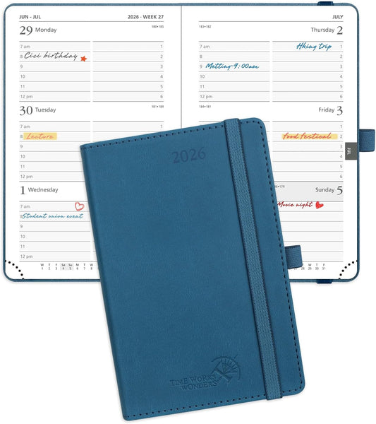 POPRUN Pocket Calendar 2026 (Small Size- 4'' x 6.25") Weekly and Monthly for Purse - Planner 2026 (Jan. 2026 - Dec. 2026) with Vegan Leather Soft Cover, Plastic Ruler, Pen Holder and More - Night Sky Blue