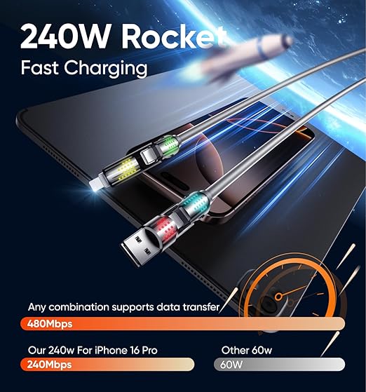 MAGIC JOHN 240W 4 in 1 Charging Cable, 4FT USB C to Lightning Cable [MFi Certified], Chubby USB A/C to C/Lightning with Light for iPhone/MacBook/iPad/Samsung/Switch 2, Multi Chargers for All Devices