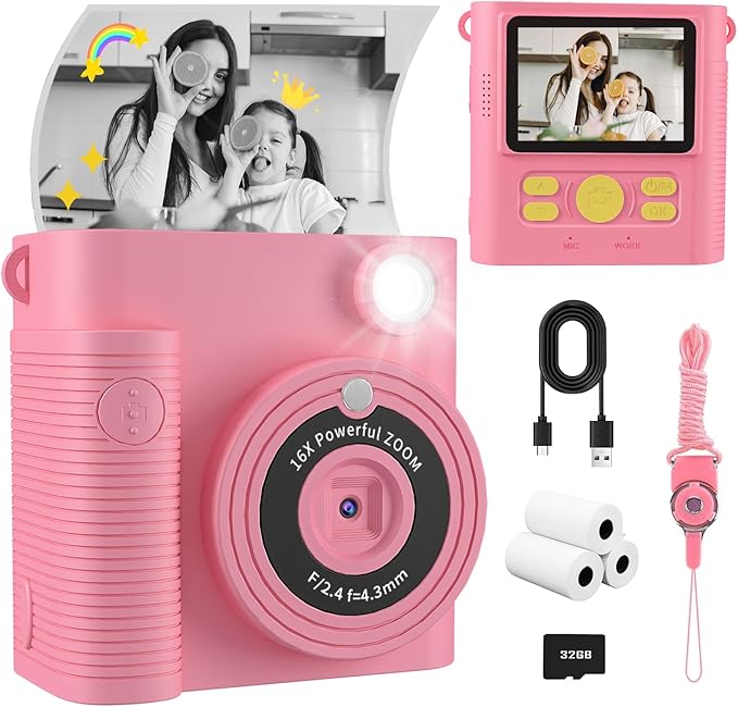 Kids Camera Instant Print, Christmas Birthday Gifts Girls Boys Aged 3-12, HD Digital Video Cameras Toddler, Instant Cameras for 3 4 5 6 7 8 9 10 Year Old Girls Boys with Print Paper