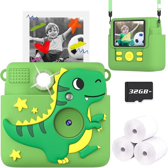 Kids Camera Instant Print, Dinosaur Toys for Boys 3 4 5 6 7 8 9 10 Years Old, 1080P Kids Digital Camera for Toddlers, Christmas Birthday Gifts for Boys Girls 3-12, 32GB SD Card, Green