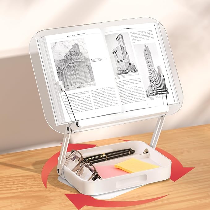 ASIEIT Book Stand for Reading, Adjustable Book Holder with 360° Rotating Bases & Elastic Page Clips, Foldable Desktop Riser with Storage, Display Stand for Bible, Laptop, Recipe, Textbook