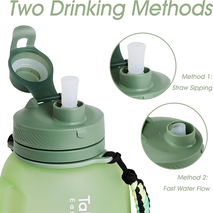 TakeToday 40 OZ Motivational Water Bottle with Straw and Paracord Handle 1.2L Silicone Sports Water Bottle with Time Marker(Green)