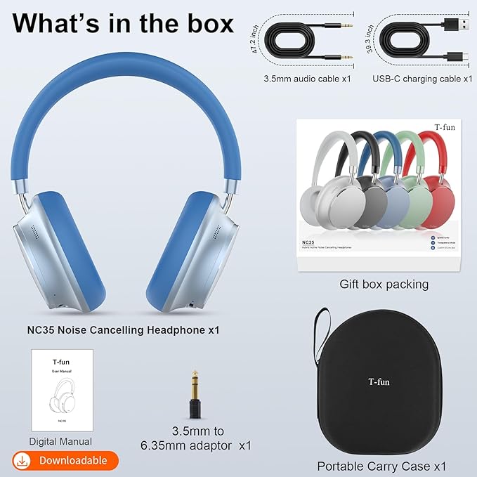 T-fun NC35 Hybrid Active Noise Cancelling Headphones, 360° Spatial Audio with Head Tracking, Over Ear Headphones Wireless Bluetooth 5.3, 55H ANC Playtime, Deep Bass, Custom EQ via App, for Travel Home