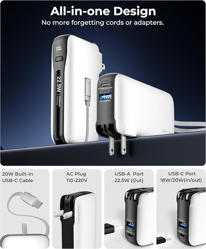 1 Pack Portable Charger with Built-in USB-C Cable & Plug, 10,000mAh 5V/4.5A Power Bank Fast Charging 22.5W, Travel Essential Battery Pack 3 Output for iPhone 16/15 Series, Samsung Galaxy, iPad