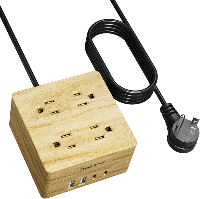 USB Power Strip Surge Protector - SUPERDANNY Desktop Extension Cord with 4 Widely Spaced Outlets & 4 Smart USB Ports, Portable Charging Station for Home, Office, Hotel, Dorm, RV, Faux Wood Grain
