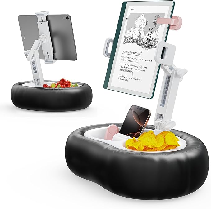 Tablet Kindle Pillow Stand Holder with 2 Trays Fit 4''-13'' Phone/Tablet/Kindle iPad Holder Stand for Bed with Soft PU Leather Reading Accessories Gift for Reading, Black