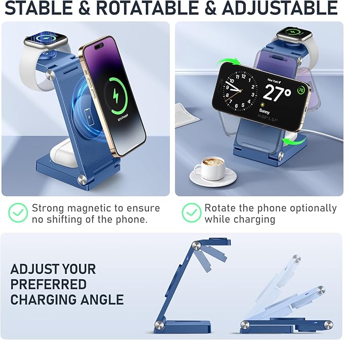 Magnetic Wireless Charger Stand, 3 in 1 Foldable Wireless Charging Station with 20W Adapter, Travel Charger for Multiple Devices for iPhone 17 16 15 14 13 12 Pro/Max/Plus/Mini, iWatch, AirPods