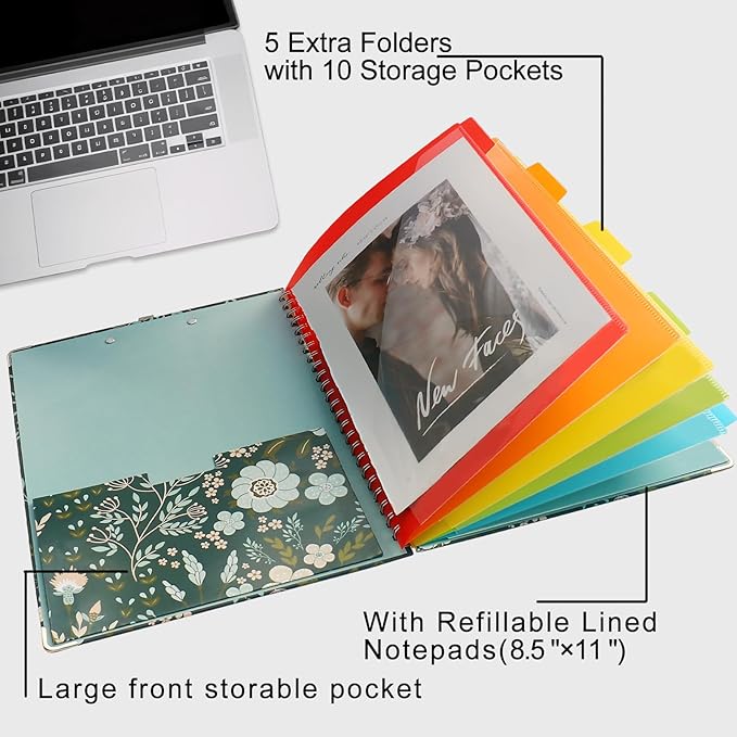 Clipboard Folio Spiral Folder Board,5 Extra Folders with 10 Storage Pockets,Refillable Lined Fillable Notepad,Folded Clipboard with Storage,Suitable for Office,School and Student (Green Flowers)