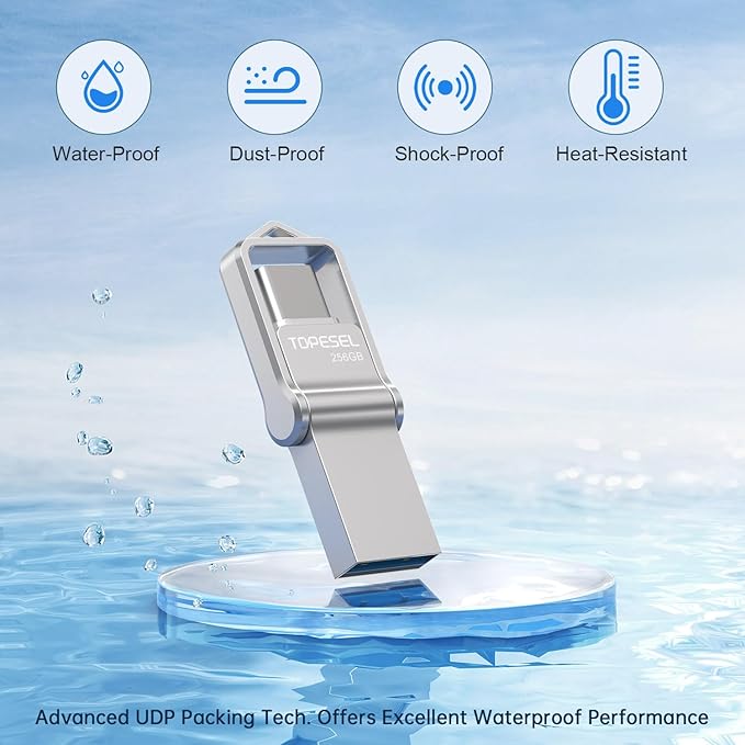 TOPESEL 256GB USB C Flash Drive Dual USB 3.0 Flash Drive USB A & Type C Thumb Drive UDP-Tech Waterproof Type C Portable USB C OTG for Computer Mac Smartphone Tablet