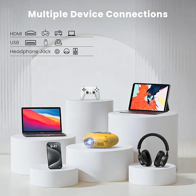 Mini Projector with Two -Way Bluetooth, Portable Projector for Home Theater Use, Support 1080P for Outdoor Projector/Movie Projector Compatible with HDMI, USB, Laptop, TV Stick (Yellow)