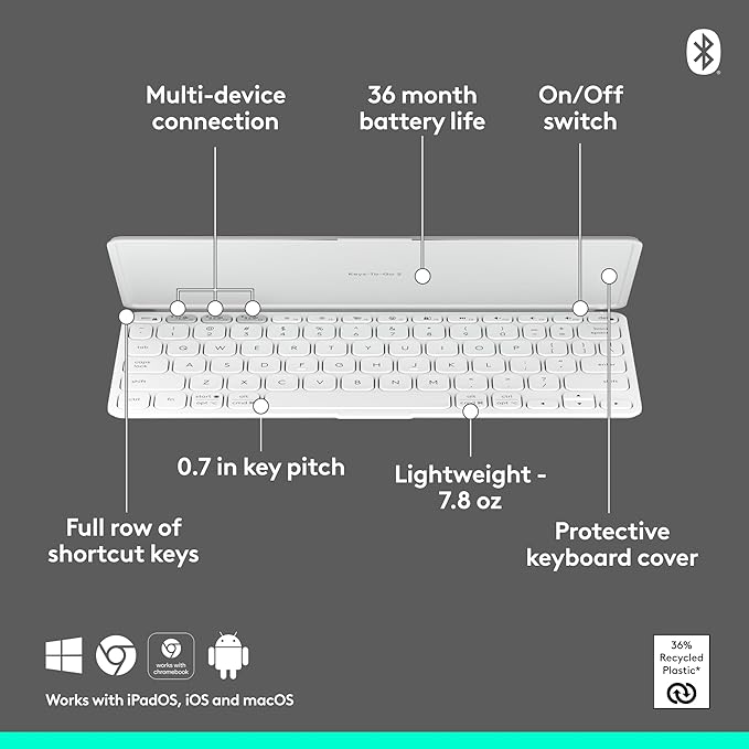 Logitech Keys-to-GO 2 Portable Compact Wireless Keyboard with Built-in Cover, Slim Tablet Keyboard for iPad, iPhone, Mac, Apple TV - Pale Grey