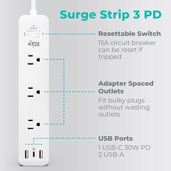 KMC USB-C PD Surge Protector 3-Outlet Power Strip 2-Pack, 30W Power Delivery USB-C Port, 2 USB-A Ports, 980J Surge Protection, 6-Foot Extension Cord, White