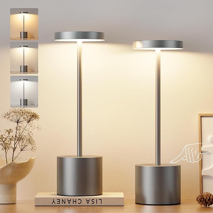 Kakanuo Grey Rechargeable Cordless Lamp - Touch Control, 3 Color Temperature, Wireless Battery Operated Lamps, Stepless Dimmable, Set of 2