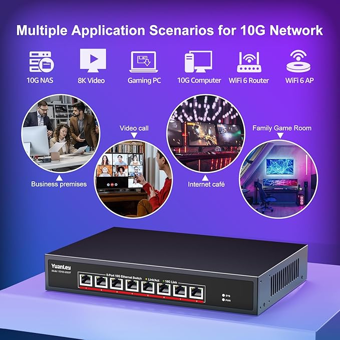 YuanLey 8-Port 10G Ethernet Switch, 8 x 10Gbps RJ45 Ports, Support 10G/5G/2.5G/1G/100Mbps Speed Auto-Negotiation, 160Gbps Switching Capacity, Unmanaged Switch Rackmountable, Plug and Play