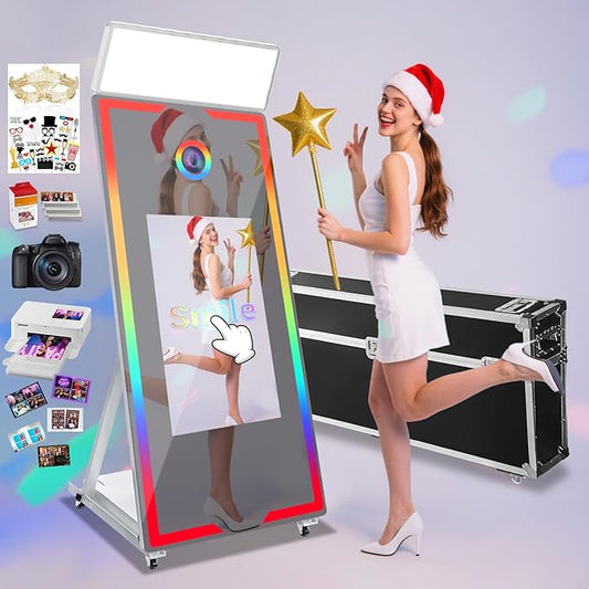 Mirror Photo Booth with Camera and Printer, 65" Magic Mirror Photo Booth, 32" Touch Screen Built-in Mini PC with Instant Print and Sharing, Music Sync Control RGB Light (White, 65-32" Full Set)