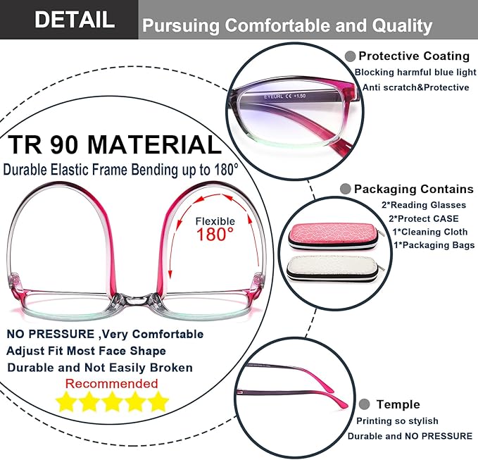 EYEURL Reading Glasses for Women, 2 Pack Blue Light Blocking Readers Lightweight Filter UV Ray/Glare Anti Eyestrain 1.75