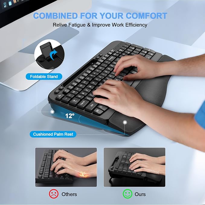 Ergonomic Wireless Keyboard with Cushioned Wrist Rest, Wave Keys, Phone Holder, Comfortable Natural Typing, 2.4GHz Full Size Cordless USB Computer Keyboard for Laptop, Mac, Windows (Black)