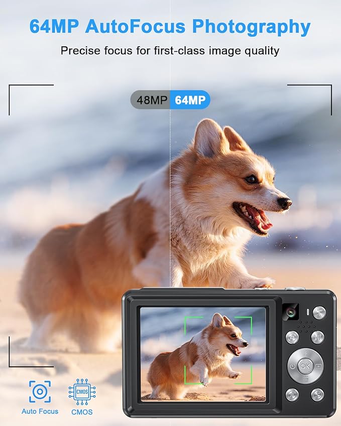 Digital Camera 4K, Compact Point and Shoot Digital Camera with Auto Focus, Dual Camera, Flash, 16X Zoom, 32GB Card, 64MP Cameras for Photography, Boys, Girls, Teens, Adults Vlogging Camera, Black
