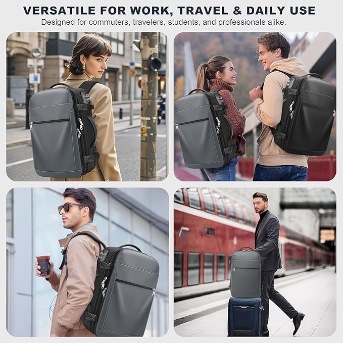 Vacuum Backpack Travel – Expandable Compression Carry On Backpack with Vacuum Pump, Water-Resistant TSA Lock Travel Bag, 17" Laptop Backpack for Men Women, Business Airplane Flight Luggage, Light Grey
