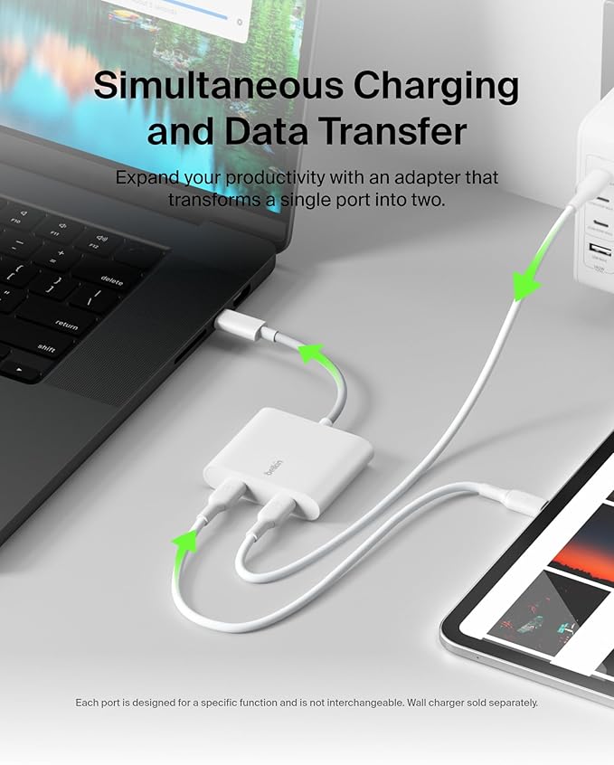 Belkin USB C Splitter - Dual Port Hub - 1 x USB-C 3.2 Gen2 Port & 1 x 100W PD Port - Simultaneous Data Transfer & iPhone Charger Fast Charging - Apple iPhone 17, iPad, Nintendo Switch 2 & More - White