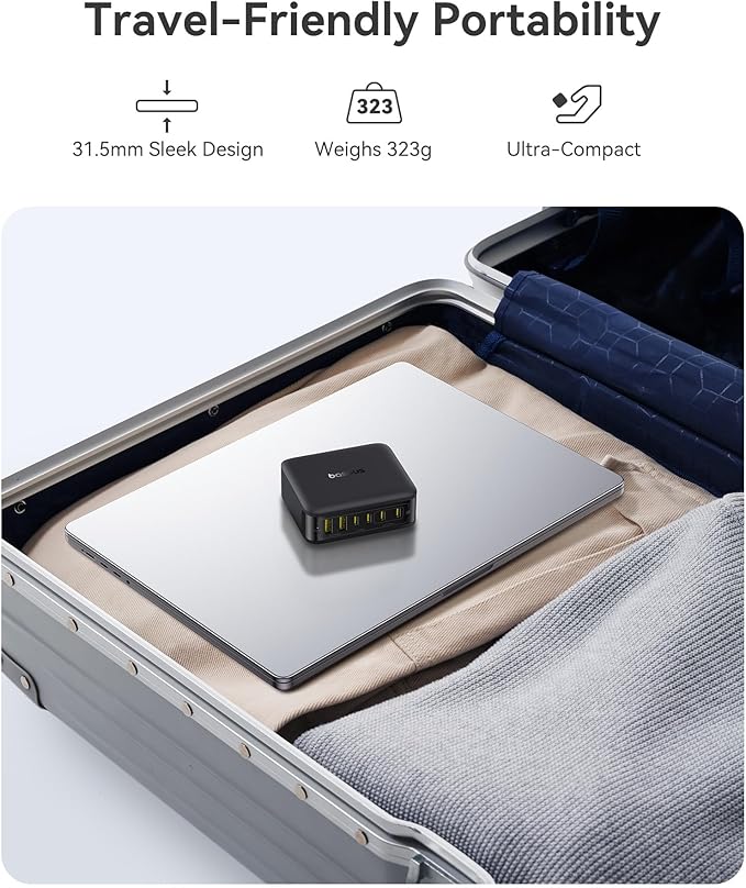 Baseus Charging Station 120W, 6-in-1 USB-C PD Fast Charging Desktop Charger with 5ft Extension Cord, 4 USB C, 2 USB A Ports, Travel Power Strip for iPhone 17/16, iPad Pro, MacBook Pro, Tablet and More