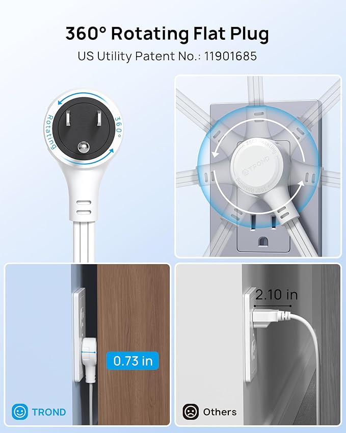 TROND 360° Rotating Flat Plug Power Strip, 6 Widely Spaced Outlets, 2 USB A and 1 USB C, 1440J Surge Protector, Wall Mountable, Extension Cord 5ft for Home Travel Office Dorm Room Essentials, White