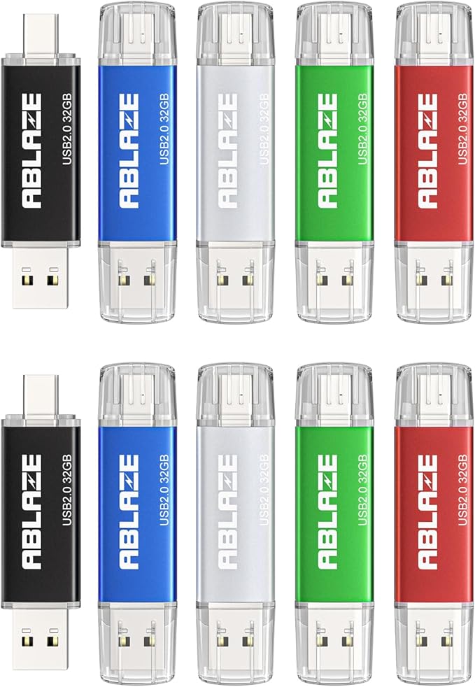 ABLAZE 32GB Type C Flash Drive 10 Pack, Dual USB 2.0+USB C Memory Stick Thumb Drive Compatible with iPhone 16/15, Android Smartphone, Computers, Tablets, Mac,iPad,PC