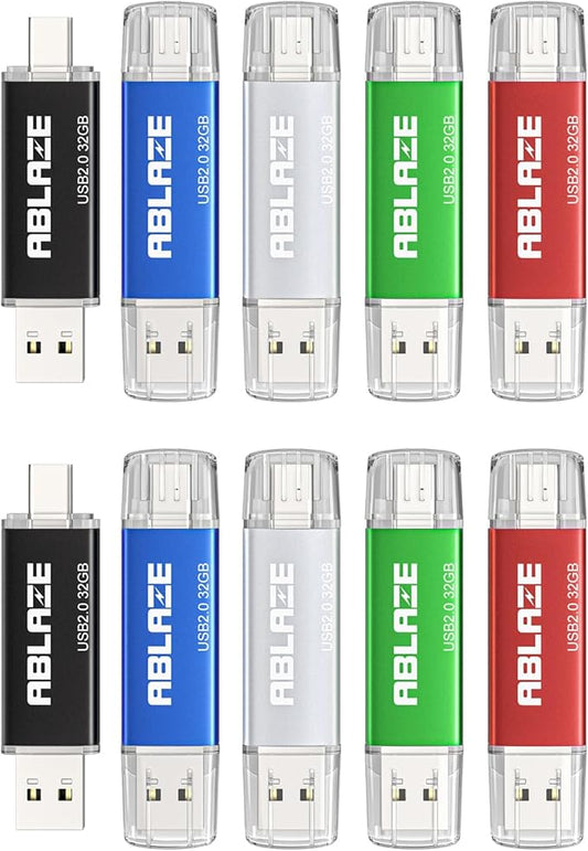 ABLAZE 32GB Type C Flash Drive 10 Pack, Dual USB 2.0+USB C Memory Stick Thumb Drive Compatible with iPhone 16/15, Android Smartphone, Computers, Tablets, Mac,iPad,PC