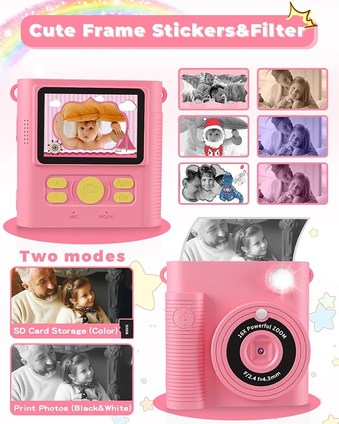 Kids Camera Instant Print, Christmas Birthday Gifts Girls Boys Aged 3-12, HD Digital Video Cameras Toddler, Instant Cameras for 3 4 5 6 7 8 9 10 Year Old Girls Boys with Print Paper