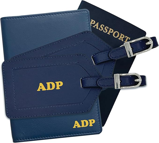 Personalized Monogrammed Navy Leather RFID Passport Wallet and 2 Luggage Tags