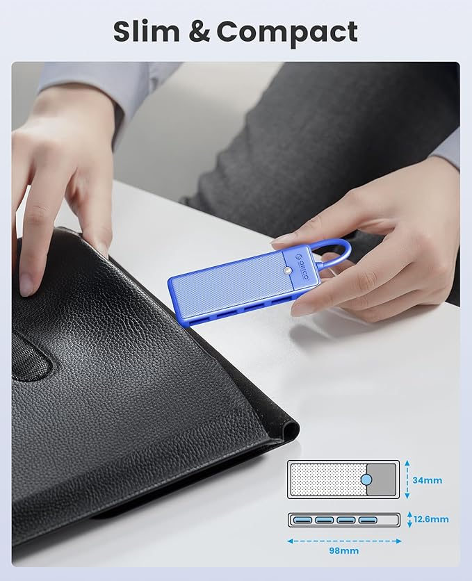 USB 3.0 Hub, ORICO 4-Port USB Hub, Ultra Slim USB Splitter for Laptop for MacBook, Mac Pro, iMac, Surface Pro, XPS, PS5, PC, Flash Drive, Mobile HDD(Blue/0.5ft)