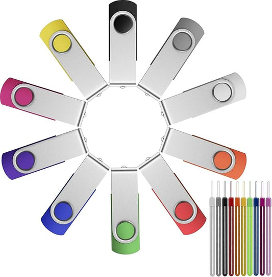 FEBNISCTE 16GB Flash Drive,Thumb Drive 10 Pack,Memoria USB 2.0 Multi-Coloured, USB Thumb Drive 16gb Swivel mit 10 Cords Jump Drive Stick with LED Light for Data Storage/Transfer