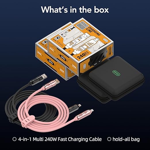 MFish 240W 4-in-1 Universal USB Charging Cable [2 Pack, 6.6ft] – Fast Charger Cord with USB-A, Dual USB-C & Lighting, for iPhone 14/15/16/17 Series, iPad & MacBook & More (2PACK, Black+Pink, 6.6Ft)