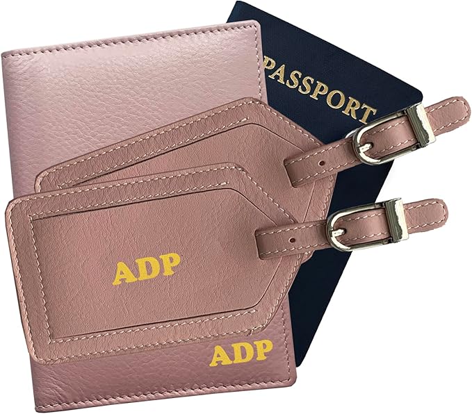 Personalized Monogrammed Blush Leather RFID Passport Wallet and 2 Luggage Tags