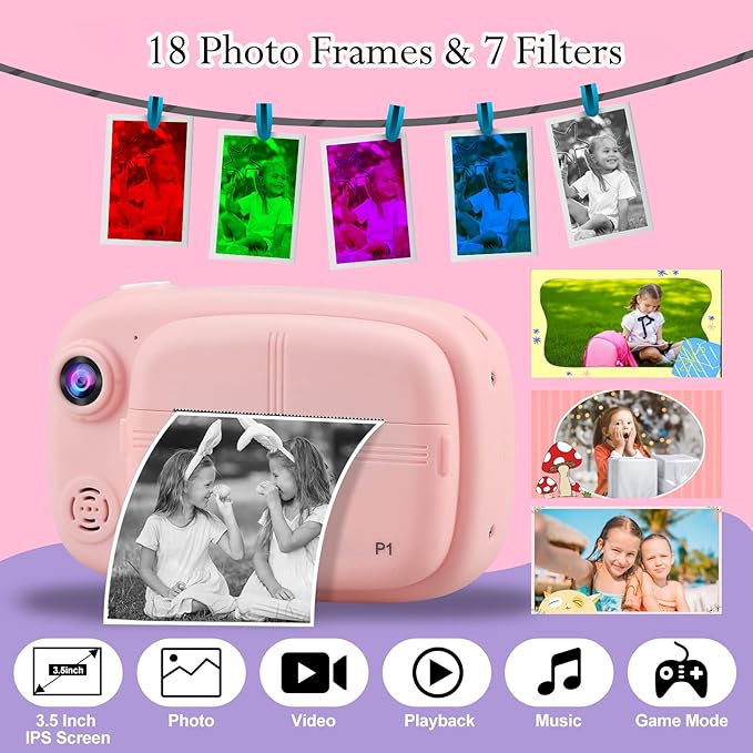 Kids Instant Camera, Mijiaowatch 12MP/1080P Kids Digital Print Camera, 3.5 Inch Print Cameras for Kids with Print Paper 32GB TF Card, Video Photo Recorder 3 in 1 Gift for Girls Boys Ages 3-14 (Pink)