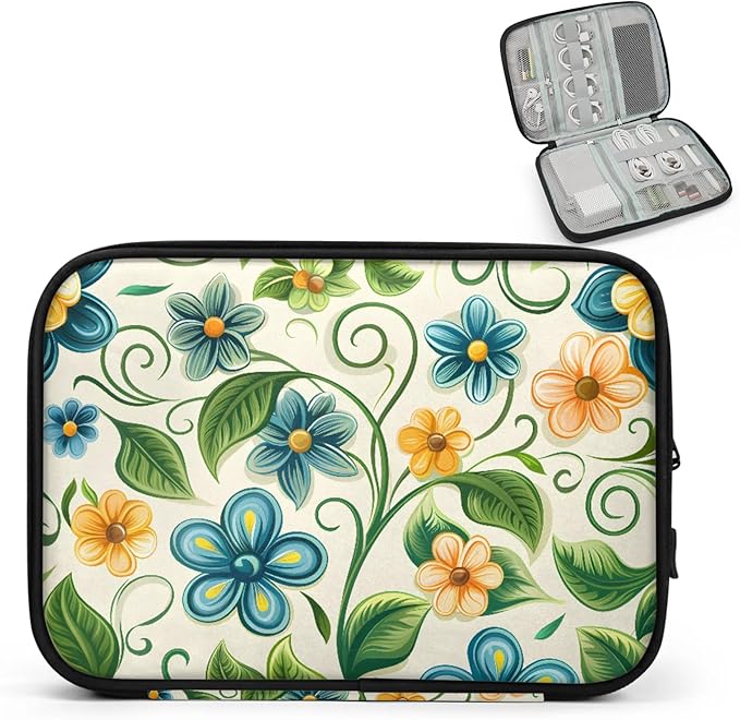 Blue Orange Flowers Electronics Travel Organizer Case, Tech Accessories Cable Storage Bag for Cords, Charger, Phone, Hard Drive